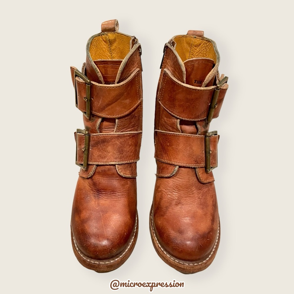 Frye Sabrina Double Buckle Academia Cognac Real Leather Block Heel Ankle Booties - Picture 9 of 14